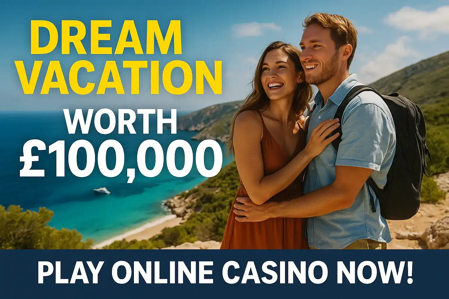 Happy couple embracing at scenic coastal location promoting £100,000 dream vacation casino prize