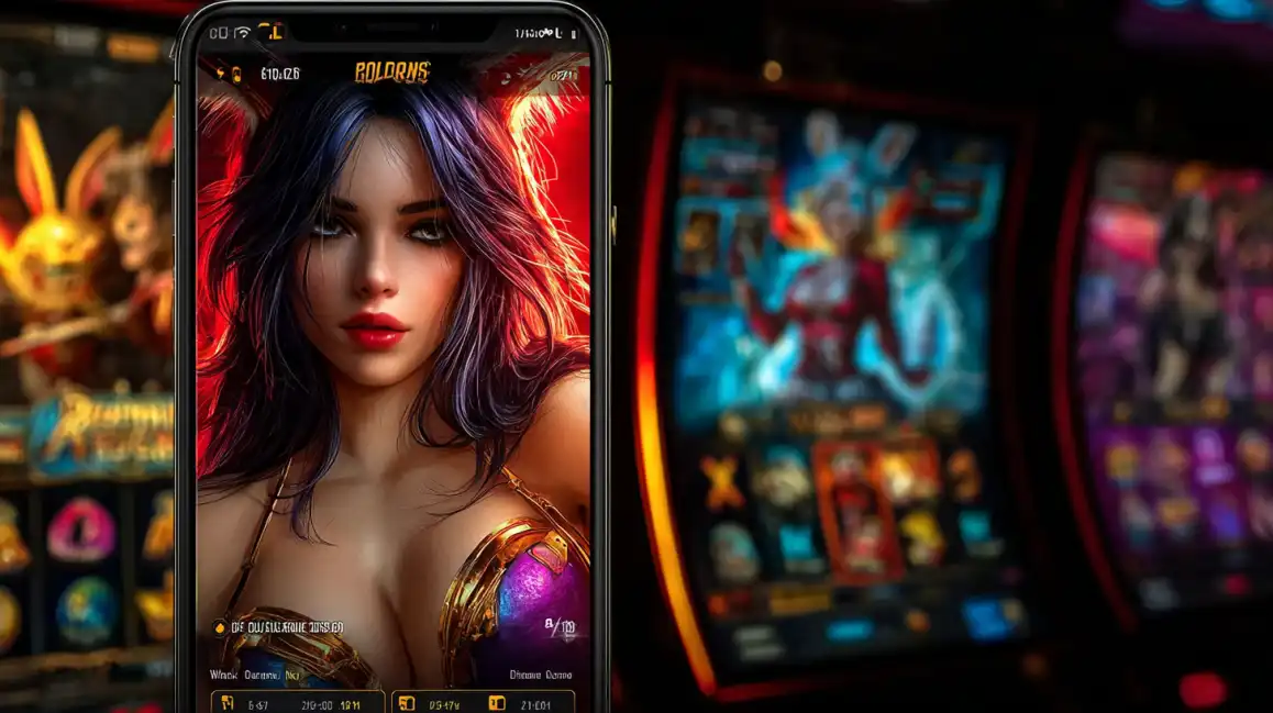 Beautiful fantasy woman with purple hair displayed on mobile casino app interface in gaming environment