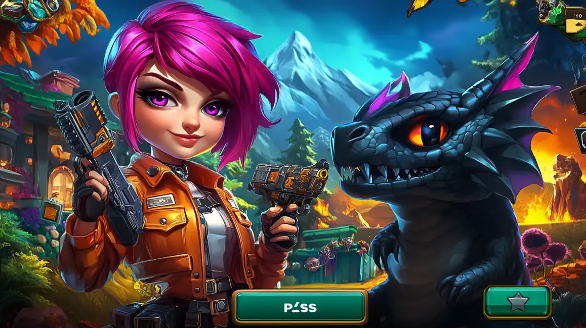 Cartoon anime girl with purple hair and weapons alongside dragon in fantasy adventure game