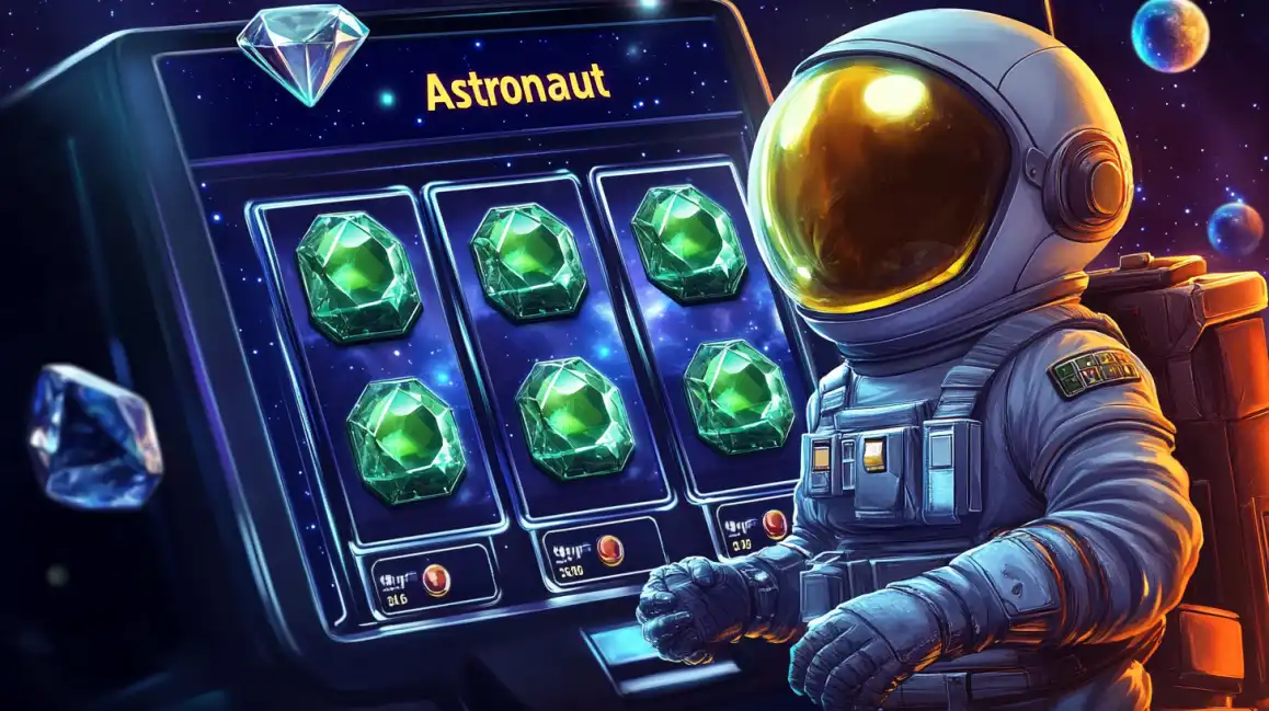 Astronaut character playing cosmic slot machine with green gems in outer space setting