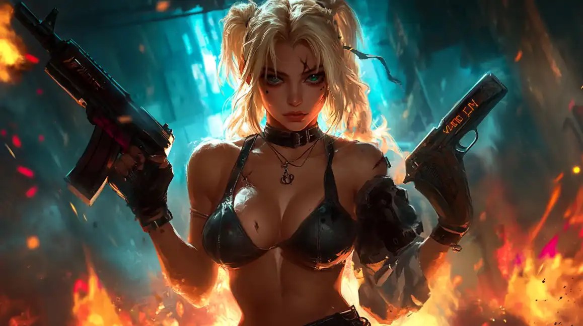 Fierce blonde female warrior character wielding dual pistols in explosive action scene