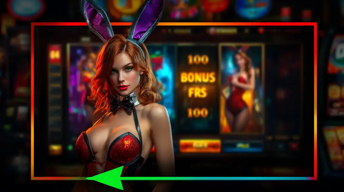 Attractive woman in bunny costume with red frame highlighting bonus free spins offer in casino