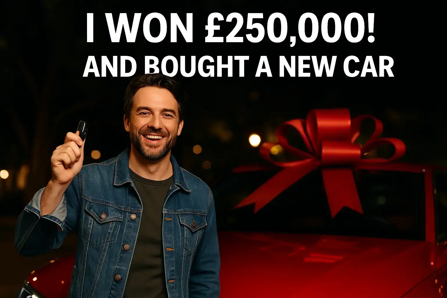 Happy man in denim jacket celebrating £250,000 casino win with new car purchase