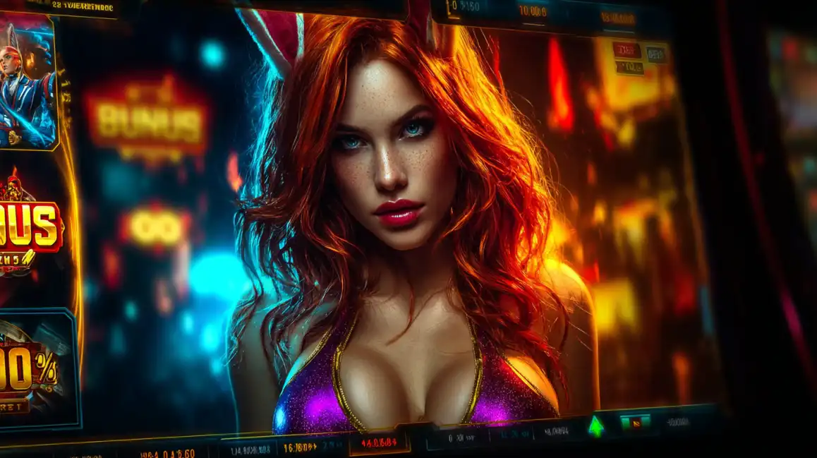 Beautiful redhead woman with blue eyes posed dramatically in colorful casino slot environment