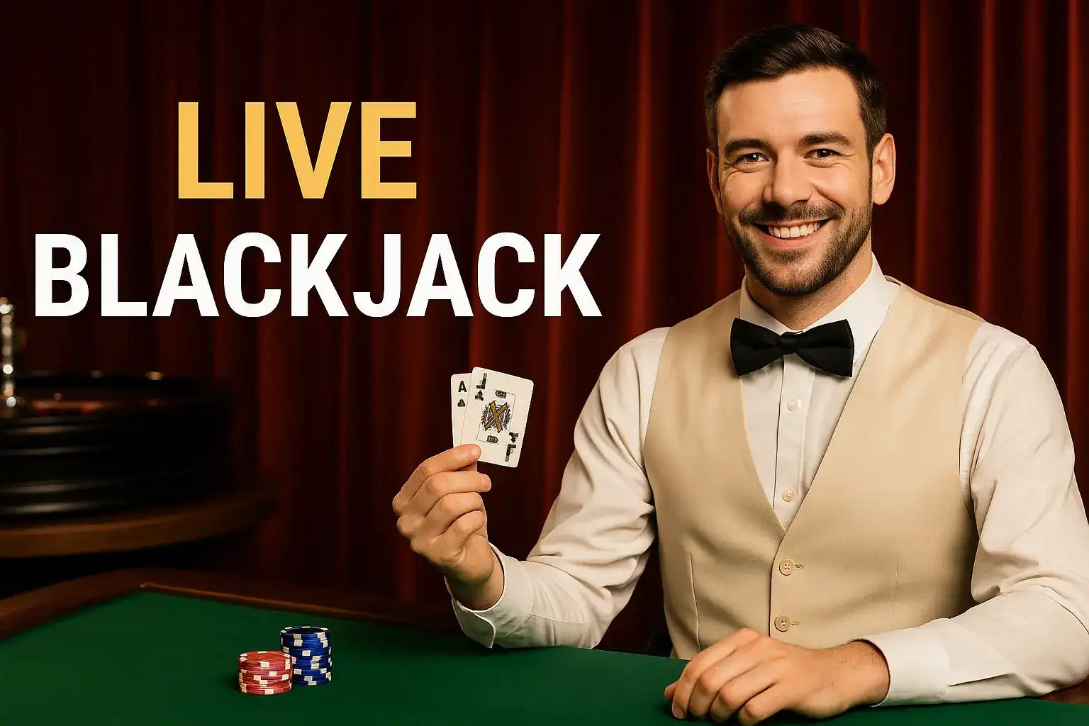 Professional male blackjack dealer in bow tie holding cards at live casino table