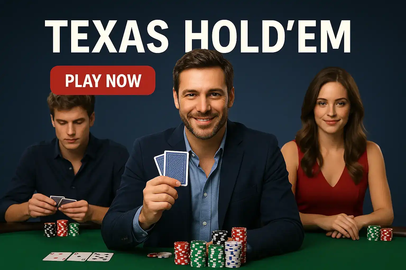 Three people playing Texas Hold'em poker at casino table with chips and cards