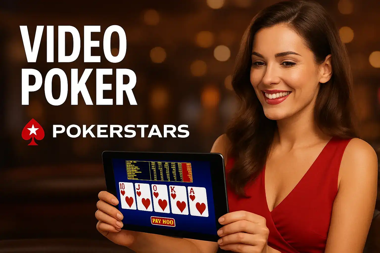 Smiling woman in red dress displaying PokerStars video poker game on tablet with royal flush