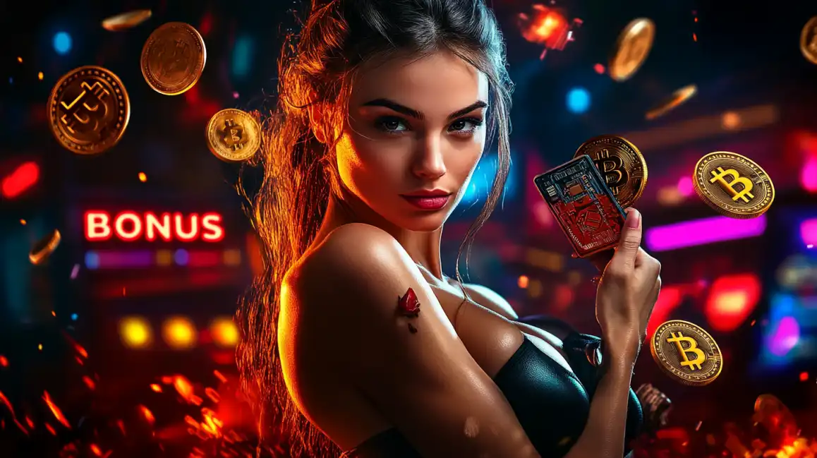 Glamorous woman in black dress holding playing cards with floating Bitcoin symbols and bonus text