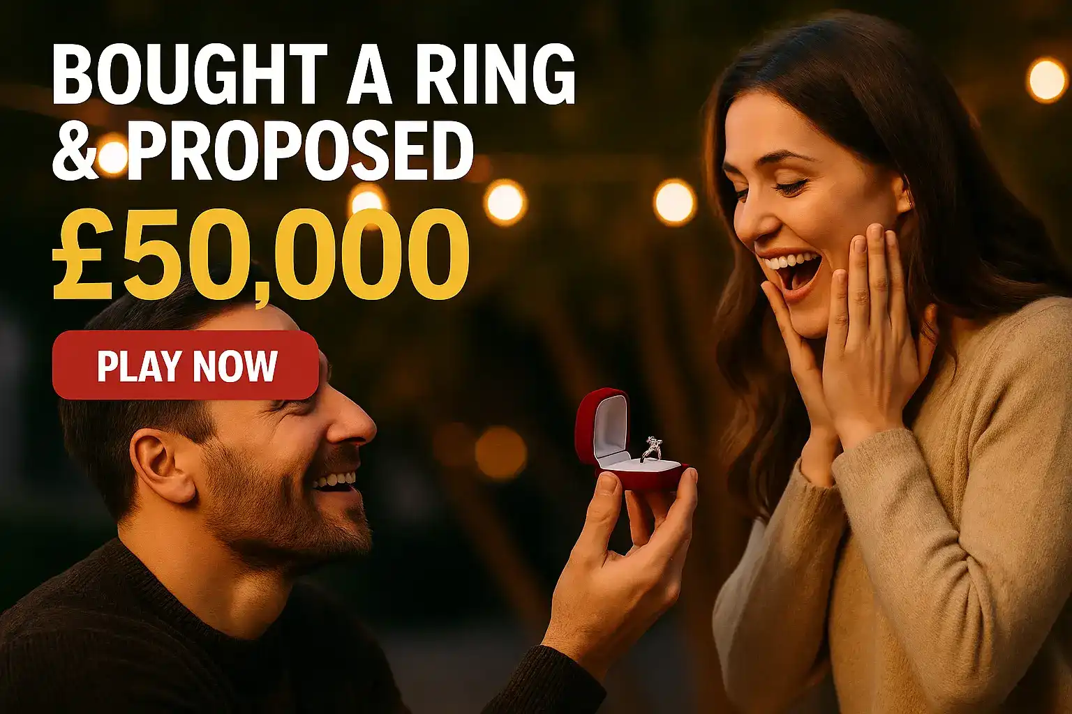 Romantic marriage proposal scene with engagement ring after £50,000 casino win celebration