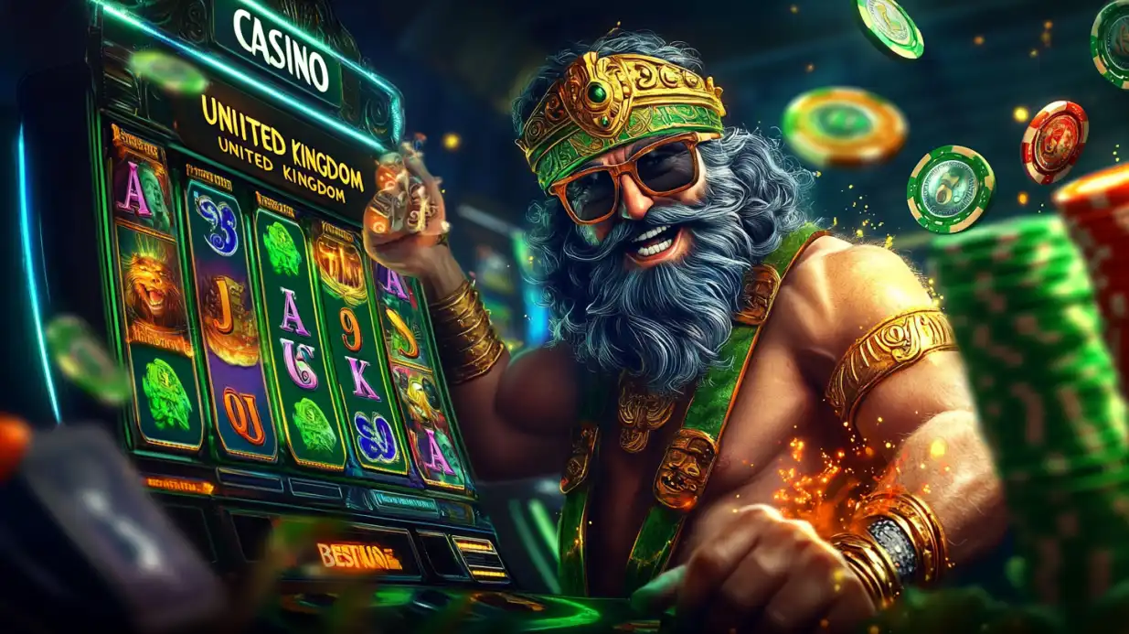Mythological Poseidon character with golden crown playing slot machine surrounded by casino chips