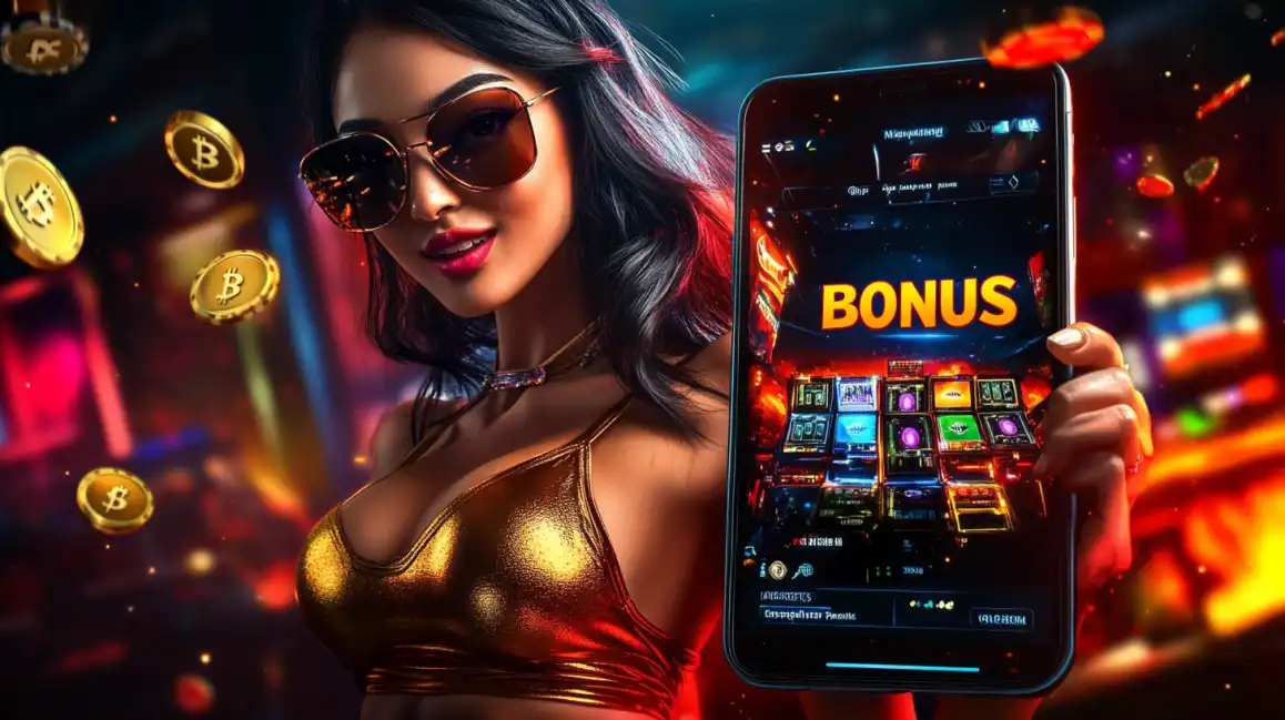 Stylish woman in sunglasses and golden top displaying mobile casino bonus interface with Bitcoin