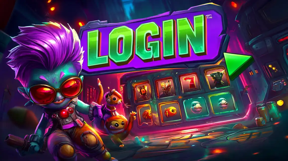 Animated character with purple hair and red goggles at colorful casino slot machine with login text
