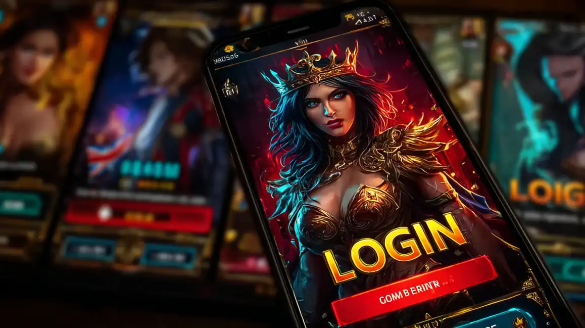 Fantasy queen character with ornate crown and armor on mobile casino login screen