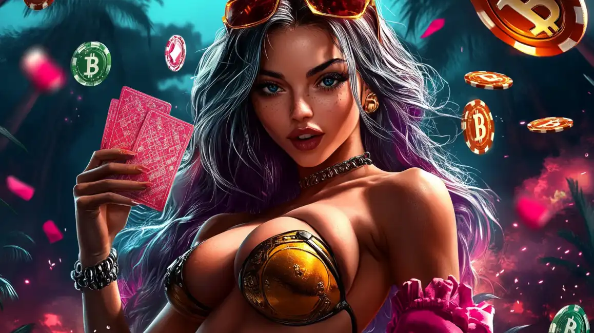 Attractive woman with long dark hair holding playing cards surrounded by Bitcoin symbols and casino chips